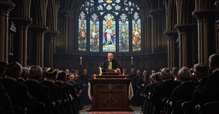 Zgromadzenie duchownych i osób życia konsekrowanego w katedralnym wnętrzu Łodzi