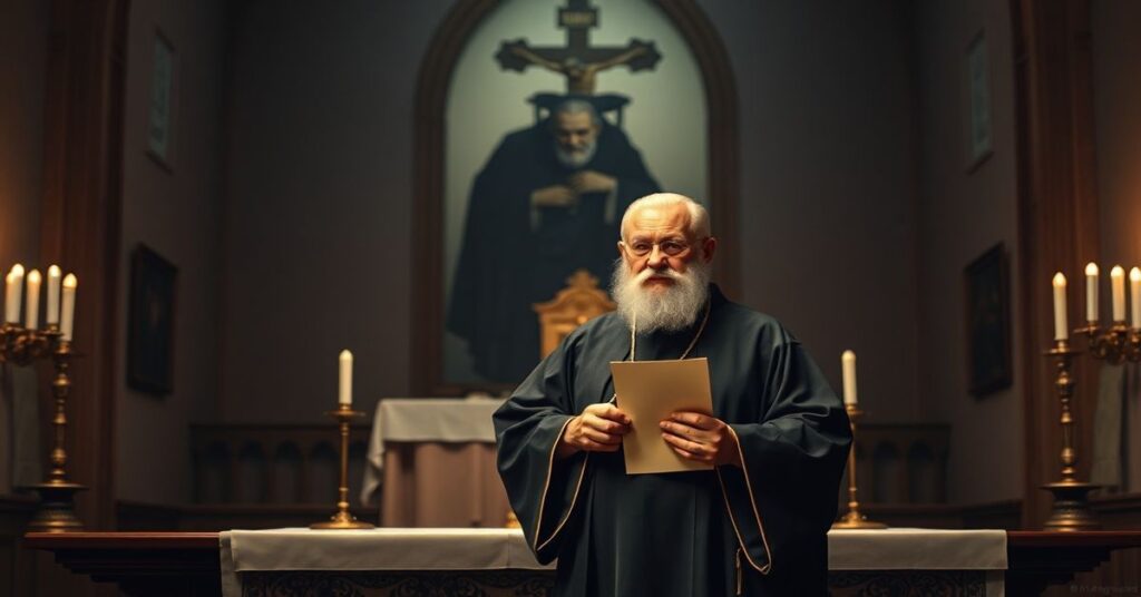 Tradycyjny ołtarz katolicki z surowym kapłanem trzymającym list, na tle postaci profesora Mirosława Kalinowskiego jako symbolu modernistycznych zniekształceń nauczania katolickiego