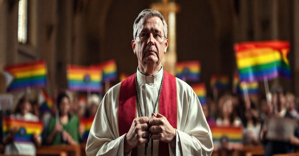 Kapelan w tradycyjnych habitach modli się w kościele, na tle grupy osób trzymających flagi LGBT, symbolizując modernistyczne zniekształcenie miłosierdzia.