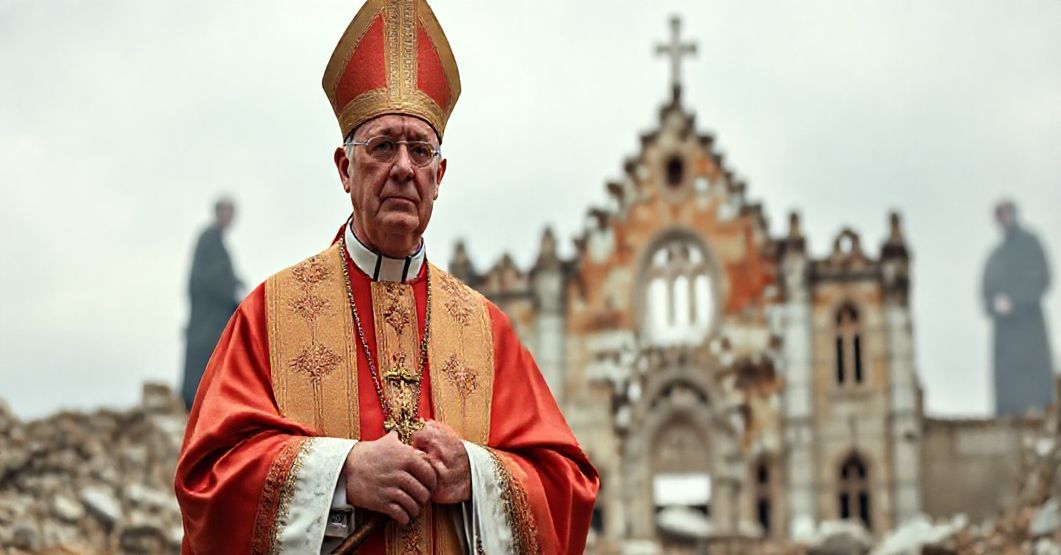 Poważny biskup w tradycyjnych szatach liturgicznych stoi przed zniszczonym modernistycznym kościołem.