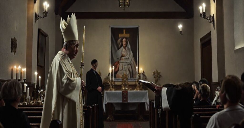 Ciemna, tradycyjna katolicka scena przedstawiająca pseudoparafię modernistów w Bydgoszczy, gdzie fałszywy biskup dokonuje fałszywego bierzmowania. W tle widoczny jest poster z Heleną Kmiec jako fałszywym wzorem wiary, otoczony modernistycznymi artefaktami.