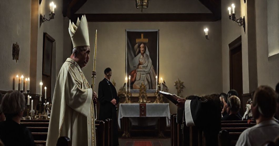 Ciemna, tradycyjna katolicka scena przedstawiająca pseudoparafię modernistów w Bydgoszczy, gdzie fałszywy biskup dokonuje fałszywego bierzmowania. W tle widoczny jest poster z Heleną Kmiec jako fałszywym wzorem wiary, otoczony modernistycznymi artefaktami.