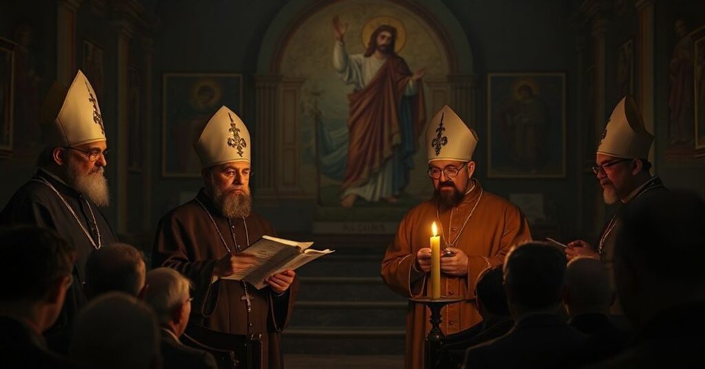 Scena w kościele ukraińskim przedstawiająca tradycyjne wnętrze z freskami Chrystusa Króla i modernistycznych biskupów czytających dokument o pokoju bez nawrócenia narodów