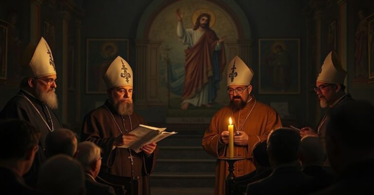 Scena w kościele ukraińskim przedstawiająca tradycyjne wnętrze z freskami Chrystusa Króla i modernistycznych biskupów czytających dokument o pokoju bez nawrócenia narodów