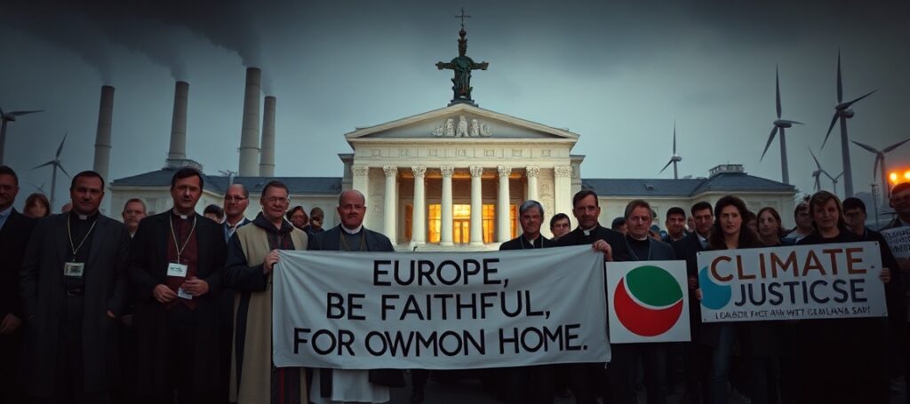 Grupa modernistycznych duchownych i aktywistów protestujących przed budynkiem Unii Europejskiej z transparentem 'Europejczycy, bądźcie wierni naszej wspólnej domowi'. Tło przedstawia kominy przemysłowe i turbiny wiatrowe w ponurym oświetleniu.