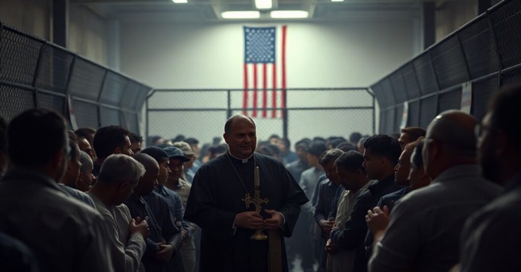 Zdjęcie przedstawiającego modernistycznego duchownego udzielającego komunii zdradzieckim migrantom w ośrodku ICE w Broadview, Illinois.