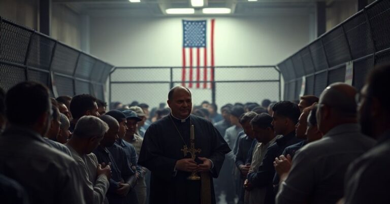 Zdjęcie przedstawiającego modernistycznego duchownego udzielającego komunii zdradzieckim migrantom w ośrodku ICE w Broadview, Illinois.