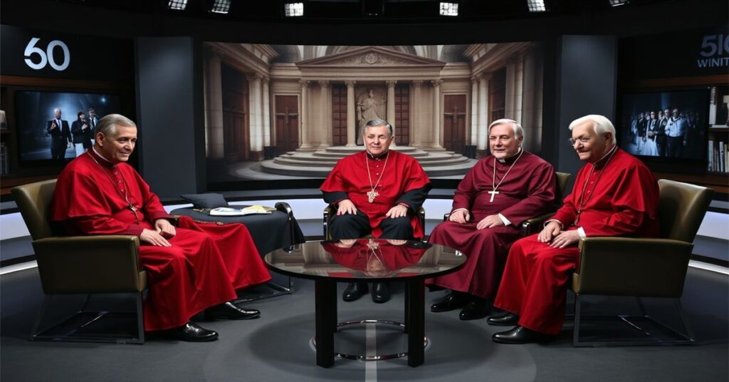 Trzej 'kardynałowie' Blase Cupich, Robert McElroy i Joseph Tobin podczas wywiadu w programie '60 Minutes', otoczeni symbolami modernistycznego Kościoła i polityki