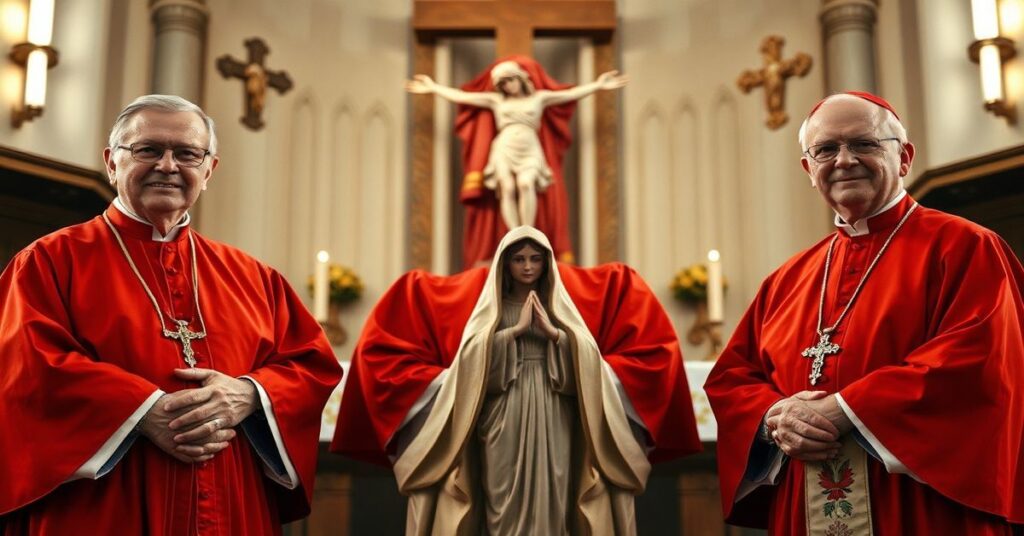 Trzy modernistyczni kardynałowie w tradycyjnych szatach przed ołtarzem kościoła z nowoczesnymi symbolami