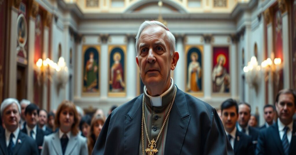 Portret modernistycznego anty-papieża Leona XIV podczas przemówienia do FADICA w wielkim watikanskim sali, otoczony bogatymi donatorami w nowoczesnych strojach biznesowych.