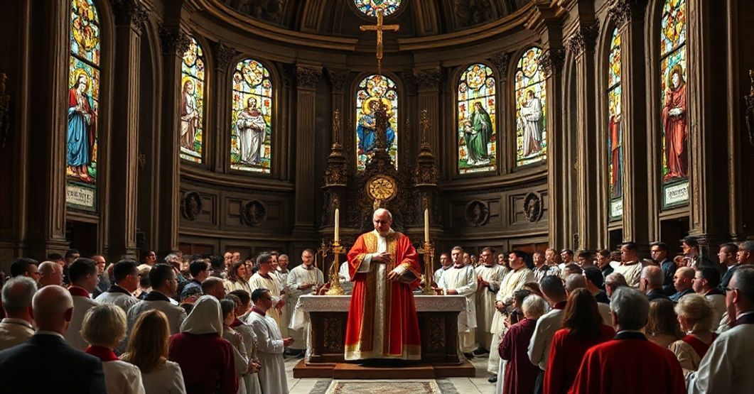 Sobór katolicki z tradycyjnym wystrojem i nowo mianowanym arcybiskupem Wiednia w szatach modernistycznych. Scena ukazuje kontrast między świętymi witrażami i tradycyjną architekturą a heretyckim wydarzeniem.