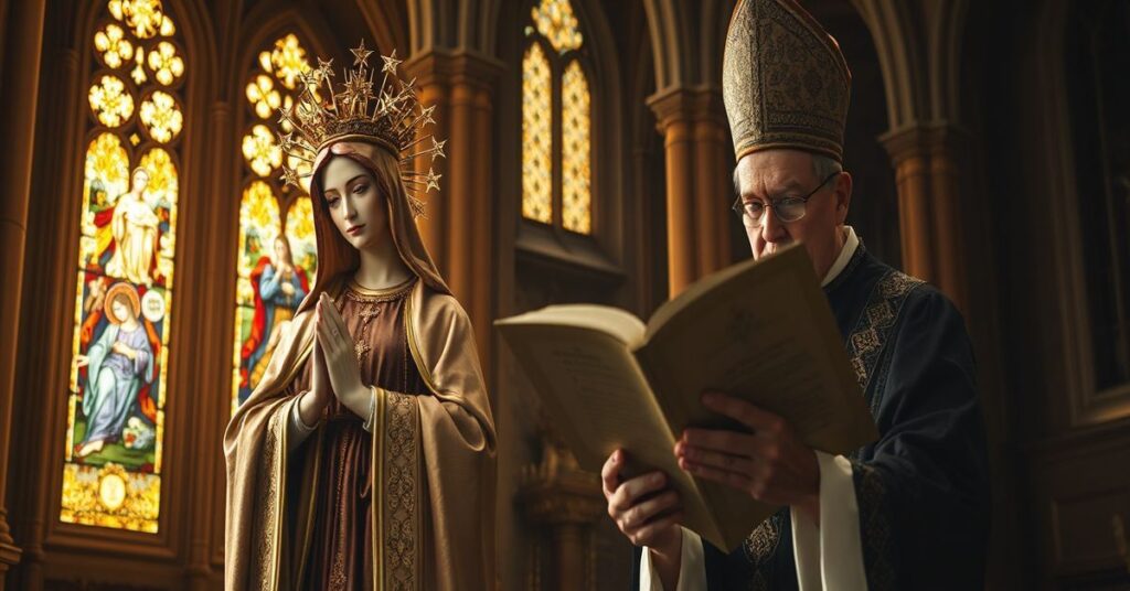 Błogosławiona Dziewica Maria w radosnym świetle w tradycyjnym kościele gotyckim z włoskim arcybiskupem Michele Penisi ironizującym jej tytuł Współodkupicielki