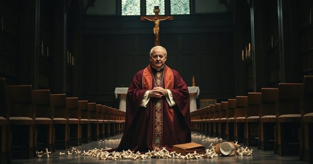 Obraz przedstawiający nowego modernistycznego "biskupa" Jamesa Miskę w środowisku katolickim zniszczonym przez posoborowe herezje.