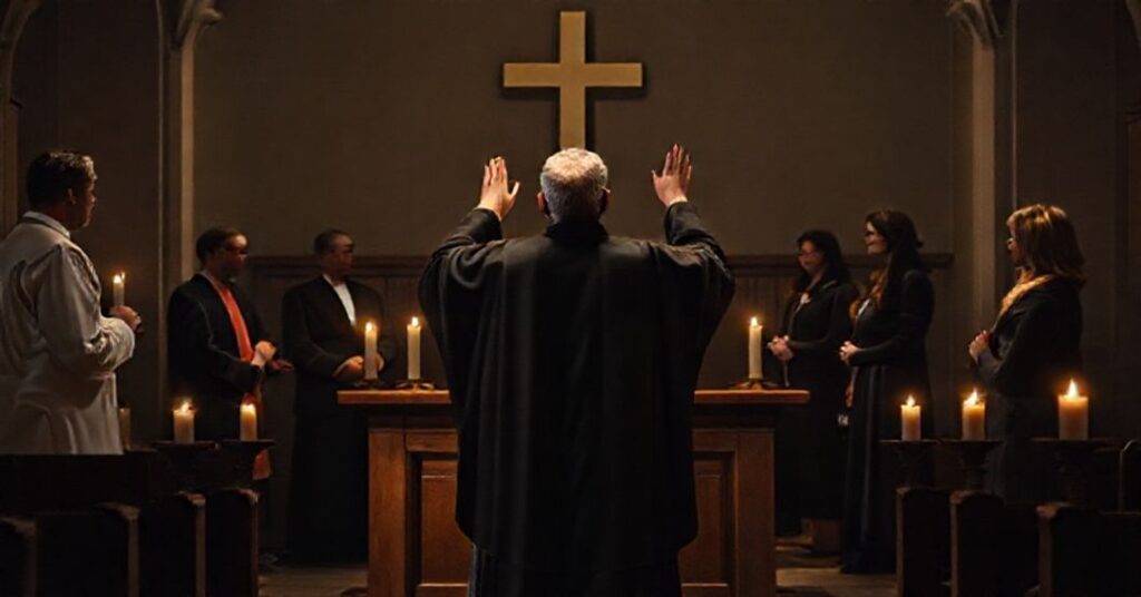 Tradycyjny ksiądz w ciemnym ornaty błogosławi przed ołtarzem w kaplicy z dimerowym oświetleniem. Tło ukazuje grupę modernistów w dialogu sam ze sobą, ignorując duchowy porządek.