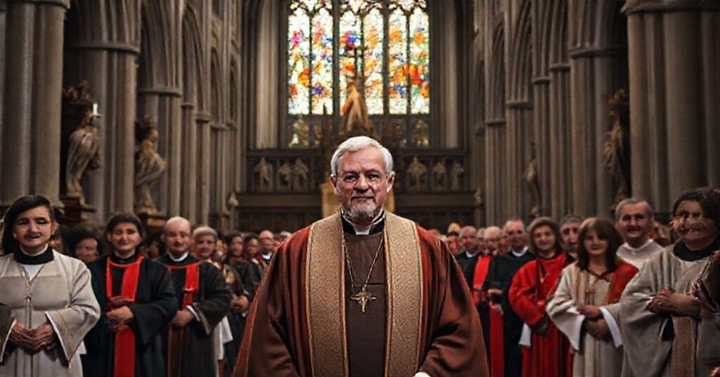 Scena wnętrza tradycyjnego kościoła katolickiego przedstawiająca modernistycznego duchownego Ronalda Hicksa w kontrowersyjnych strojach liturgicznych podczas procesji w katedrze św. Patryka w Nowym Jorku.