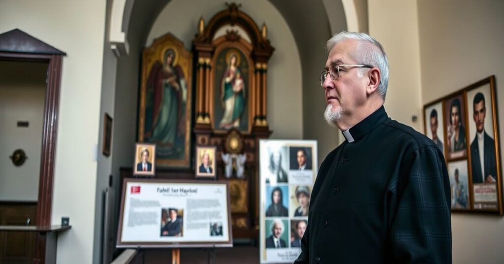 Wnętrze kościoła Niepokalanego Poczęcia NMP w Gorzowie Wielkopolskim z wystawą ku czci "ks." Witolda Andrzejewskiego. Scena przedstawia kaplicę z tradycyjną katolicką ikonografią w tle oraz nowoczesnymi elementami wystawy.