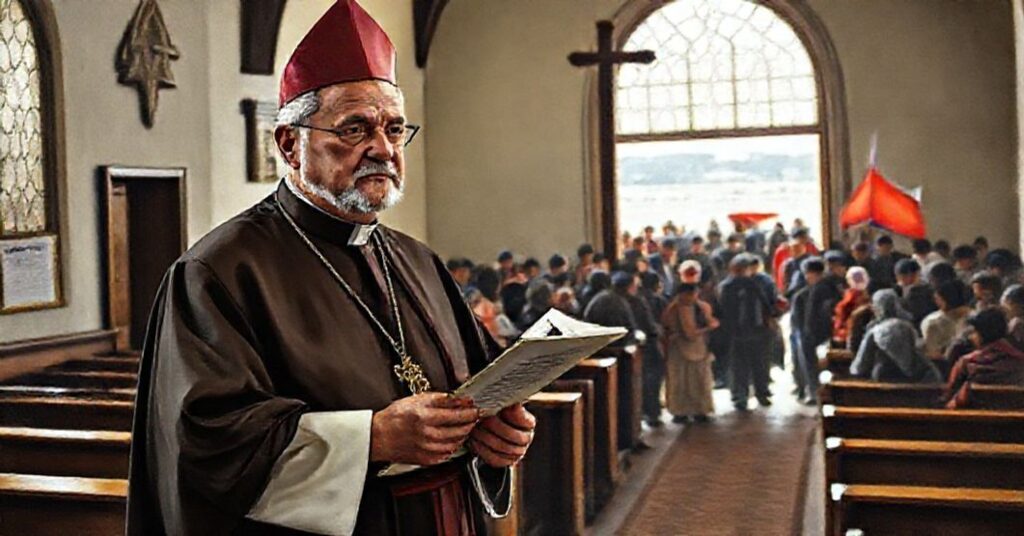 Obraz przedstawiający modernistycznego "arcybiskupa" Sergio Péreza de Arce w Chile, stojącego w tradycyjnym kościele katolickim z wyraźnym kontrastem migranckiej sytuacji na granicy.