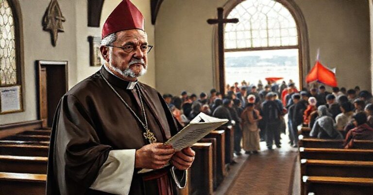 Obraz przedstawiający modernistycznego "arcybiskupa" Sergio Péreza de Arce w Chile, stojącego w tradycyjnym kościele katolickim z wyraźnym kontrastem migranckiej sytuacji na granicy.