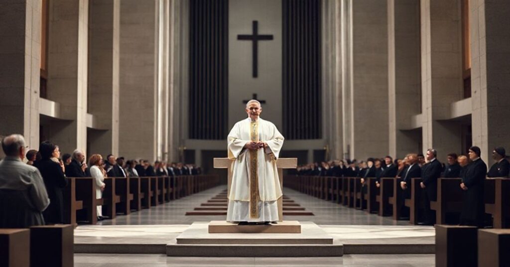 Modernistyczna katedra bez ołtarza z biskupem w białych szatach podczas ingresu w Elblągu