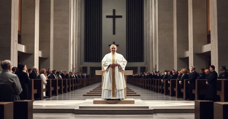 Modernistyczna katedra bez ołtarza z biskupem w białych szatach podczas ingresu w Elblągu