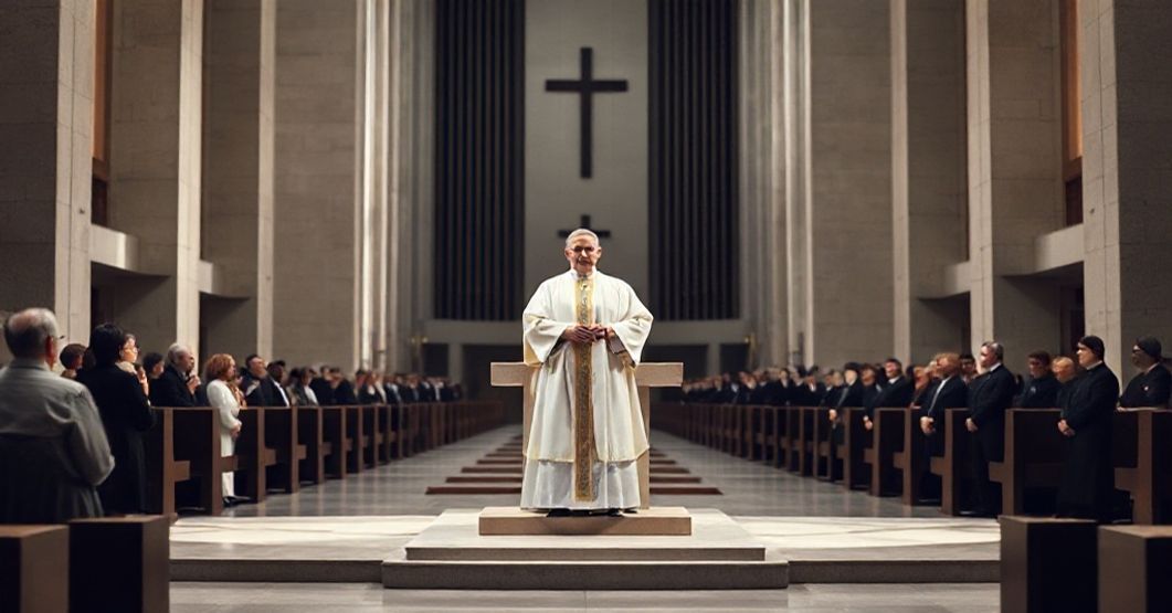 Modernistyczna katedra bez ołtarza z biskupem w białych szatach podczas ingresu w Elblągu