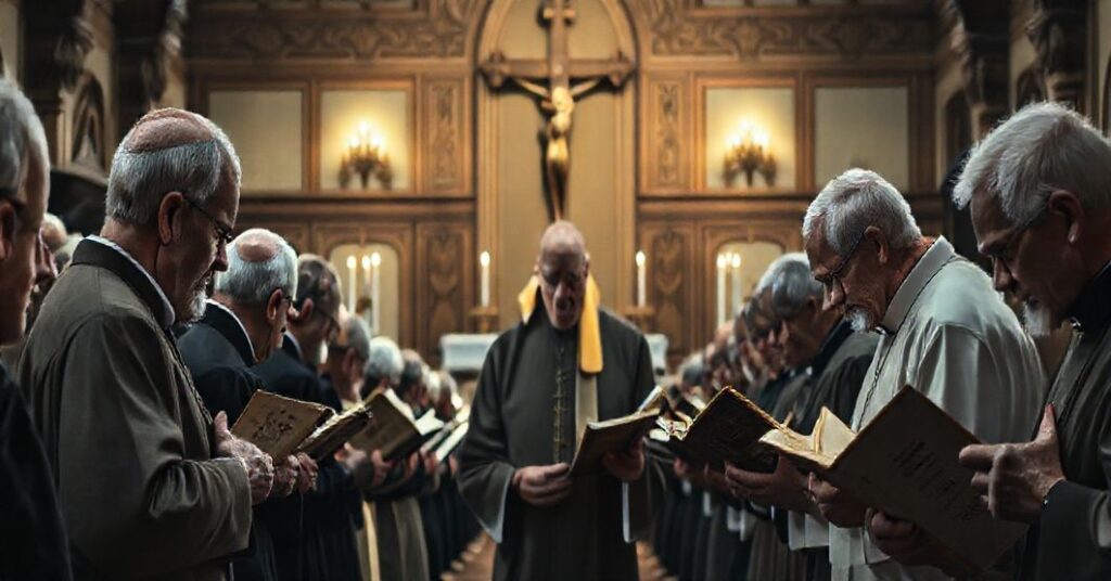 Stary seminarium z starszymi kandydatami do kapłaństwa modlącymi się przed krucyfiksem, podczas gdy modernistyczny 'kardynał' wygłasza przemówienie. Scena symbolizuje erozję tradycyjnego formowania kapłanów.