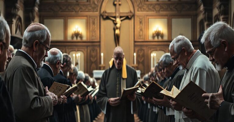 Stary seminarium z starszymi kandydatami do kapłaństwa modlącymi się przed krucyfiksem, podczas gdy modernistyczny 'kardynał' wygłasza przemówienie. Scena symbolizuje erozję tradycyjnego formowania kapłanów.