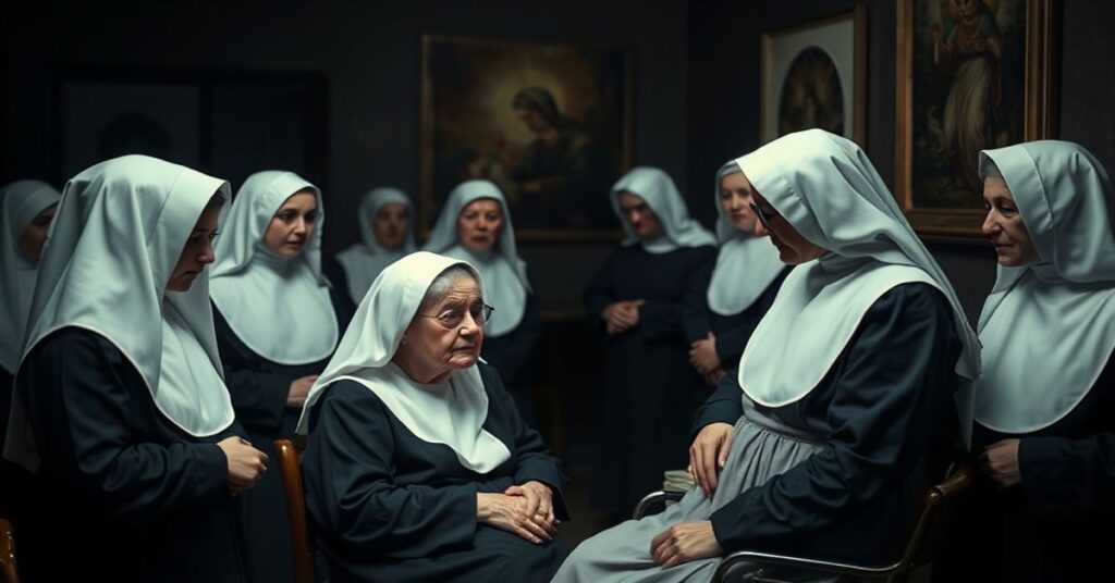 Realistyczny widok tradycyjnego katolickiego klasztoru pod wpływem modernistycznych zmian. Scena przedstawia grupę kobiet, część w habitach zakonnych, część w światowymi ubiorami, zebranych w ciemnym wspólnym pomieszczeniu. Na pierwszym planie opieka nad starszą kobietą przez zakonnicę i rozmowy młodszych kobiet. Tło pokazuje rozmyte nowoczesne udogodnienia w kontrastzie z blaknącymi religijnymi obrazami na ścianie. Atmosfera jest napięta i sprzeczna, oddając krytykę artykułu wobec rozcieńczenia powołania zakonnego przez wartości świeckie i więzi rodzinne.