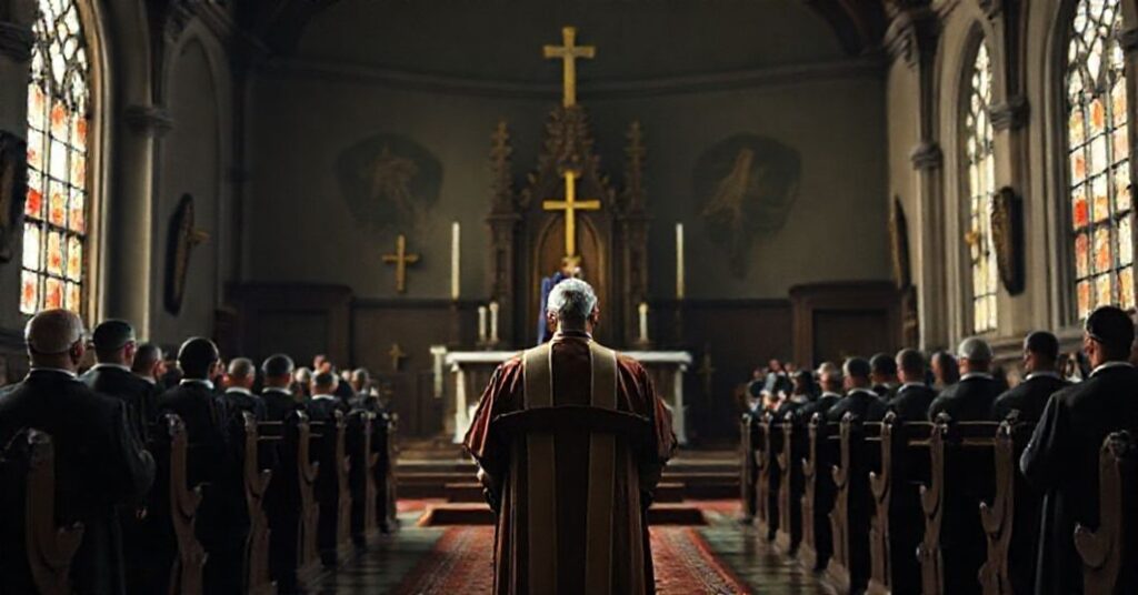 Wnętrze tradycyjnego kościoła z pustym tronem i połowicznymi figurami kleru nowoczesnego. Na tle widoczny kardynał George Pell.