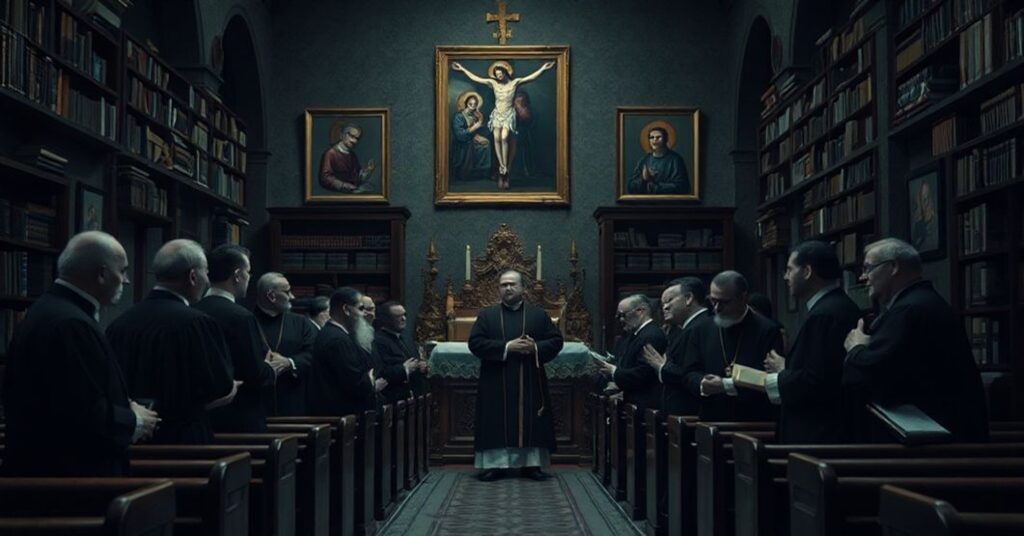 Wnętrze kościoła z modernistycznym duchowieństwem w tradycyjnych szatach liturgicznych otoczonym współczesną literaturą, kontrastującym z blaknącymi katolickimi ikonami i krzyżem na tle.