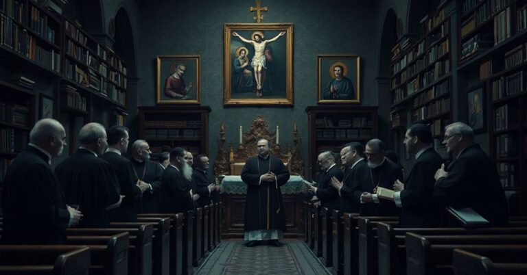 Wnętrze kościoła z modernistycznym duchowieństwem w tradycyjnych szatach liturgicznych otoczonym współczesną literaturą, kontrastującym z blaknącymi katolickimi ikonami i krzyżem na tle.