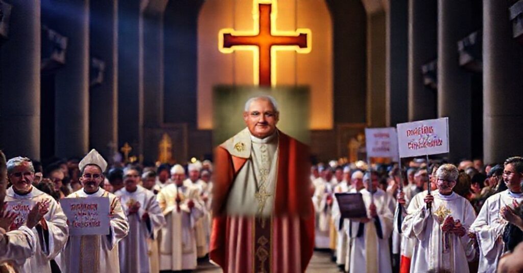 Wierni uczestniczą w modernistycznej uroczystości ku czci Jana Pawła II w nowoczesnej bazylice