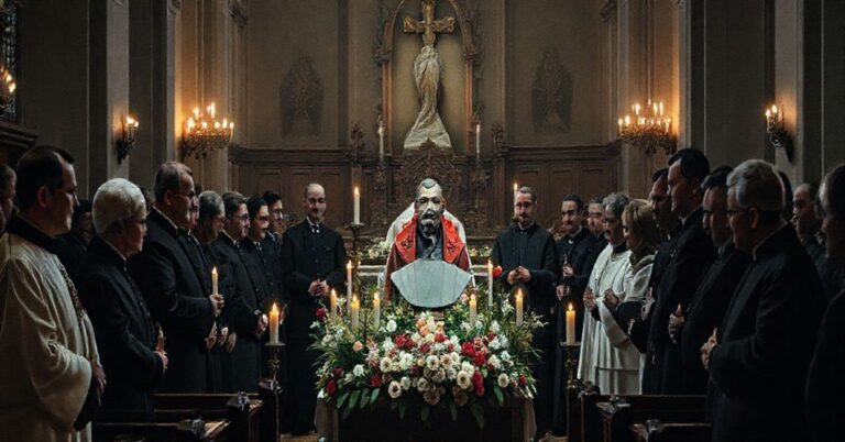 Wnętrze kościoła z modernistycznymi duchownymi i władzami cywilnymi zebranymi wokół ołtarza z kwiatami i popiersiem Jerzego Popiełuszki, symbolizującym polityczną instrumentalizację pseudo-świętości.