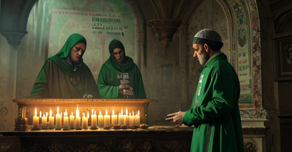 Sobór w Tiranie w Albanii z nowo mianowanym "nuncjuszem" modernistycznym w zielonym mundurze przy stoliku z dokumentami oficjalnymi.