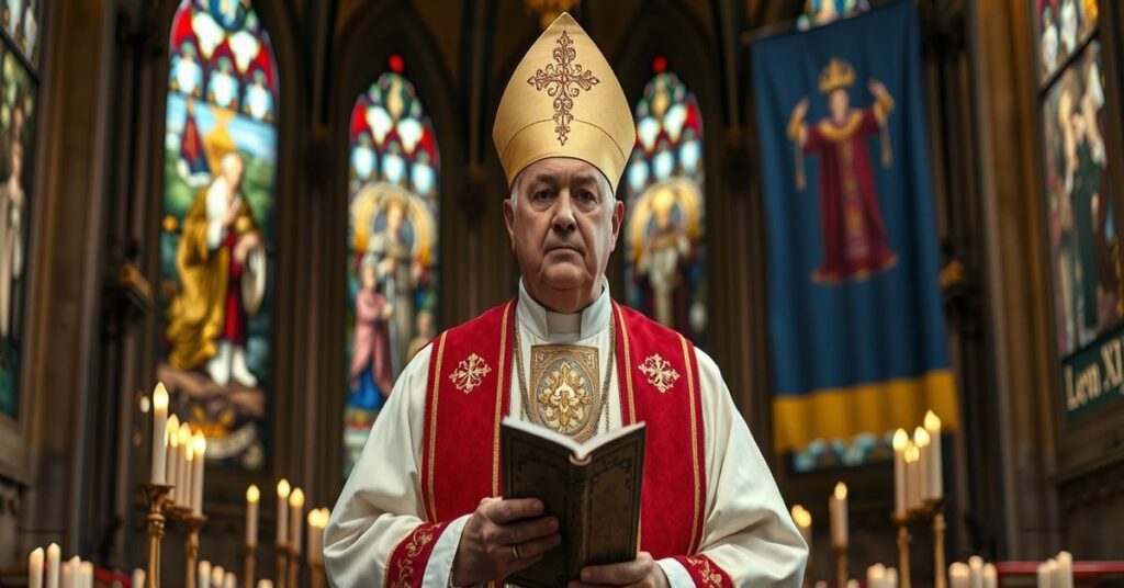 Ksiądz w tradycyjnym stroju liturgicznym modli się w ciemnym kościele z witrażami przedstawiającymi wojny na Ukrainie i w Ziemi Świętej.