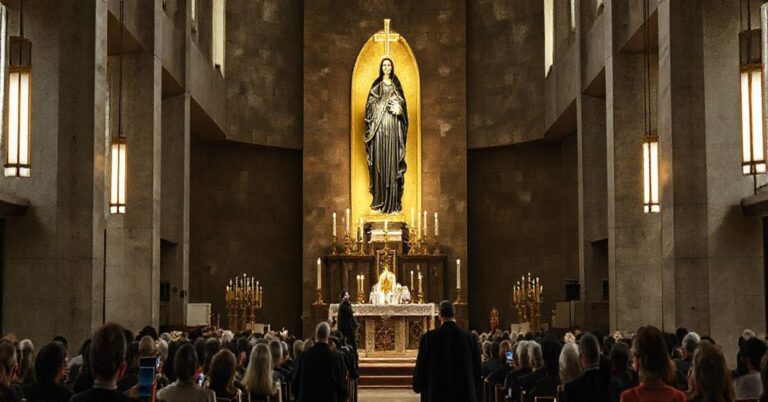 Sobór katolicki z modernistycznym ołtarzem i pseudo-nuncjuszem celebrującym Nową Mszę Świętą, symbolizujący apostazję neo-katolicyzmu