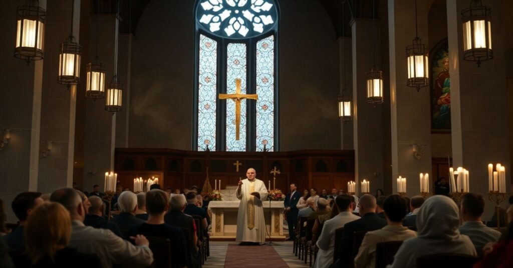 Scena ze spektaklu modernistycznego pod maską mszy św. w katedrze rzeszowskiej