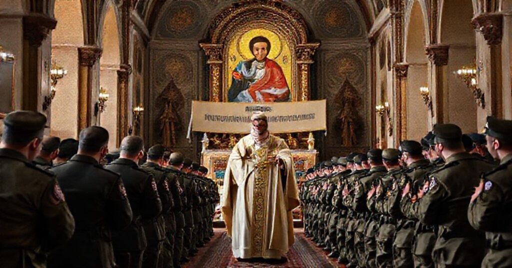 Tradycyjny katolicki widok przedstawiający modernistyczny synkretyzm abp. Szewczuka z wojskową retoryką podczas ceremonii liturgicznych. Scena odnosi się do krytyki polityzacji wiary.