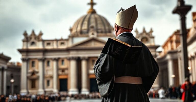Prawowity katolicki ksiądz w liturgicznych szatach stoi przed zepsutą nowoczesną strukturą Watykanu, trzymając księgę św. Roberta Bellarmina o prawdziwym papieżu.