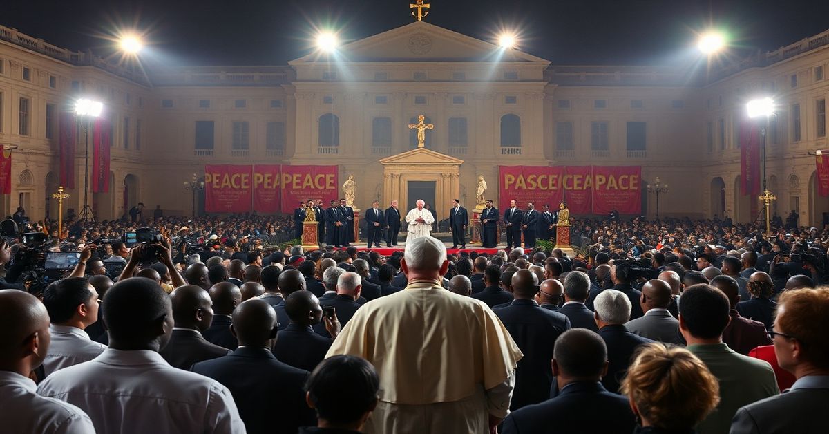 Solemne zdjęcie przedstawiające modernistyczny widok wizyty Leona XIV w Kamerunie z tradycyjnego katolickiego punktu widzenia.