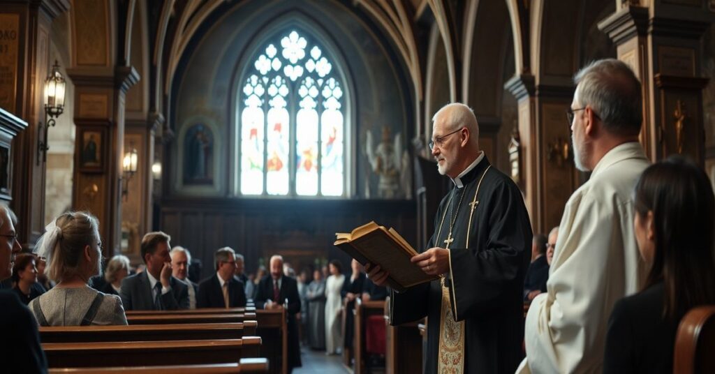 Ks. dr Krzysztof Wons wygłaszający wykład w kościele, symbolizujący modernistyczne odchylenia od katolickiej doktryny.