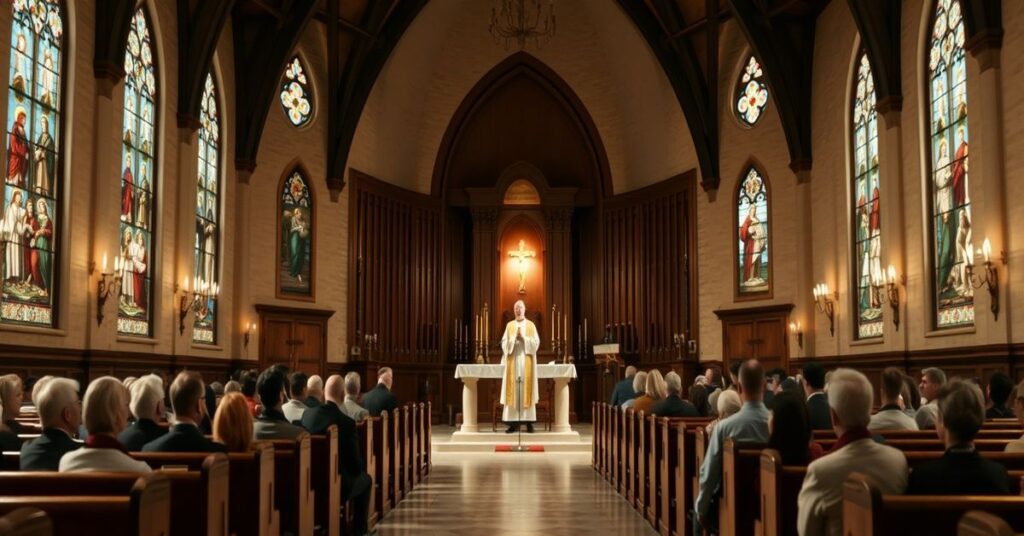 Wnętrze kościoła katolickiego z tradycyjnym ołtarzem i święcieństwem w środku.