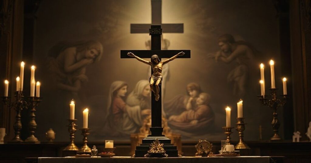 Tradycyjny ołtarz katolicki z krzyżem i świecami w tle, symbolizujący kontrast między cierpieniem doczesnym a nadzieją zbawienia.