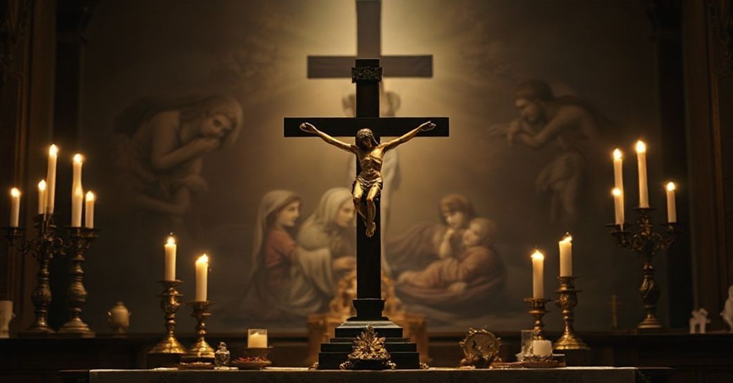 Tradycyjny ołtarz katolicki z krzyżem i świecami w tle, symbolizujący kontrast między cierpieniem doczesnym a nadzieją zbawienia.
