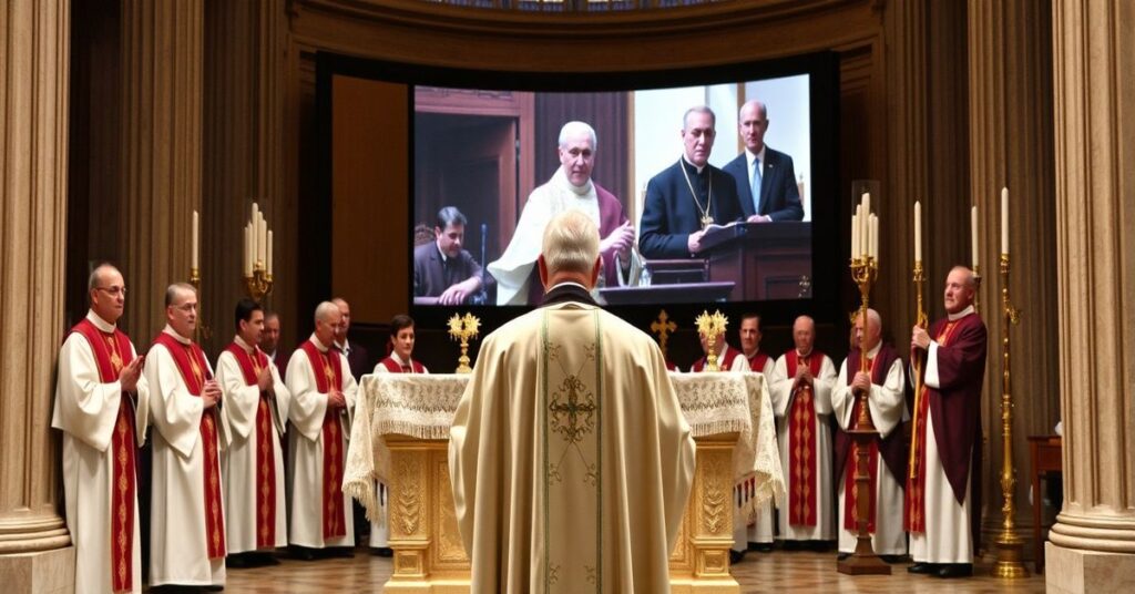Ksiądz w tradycyjnych ornatach stoi przed ołtarzem z monstrancją, na tle modernistycznych biskupów i telewizyjnej sceny Fultona Sheena.
