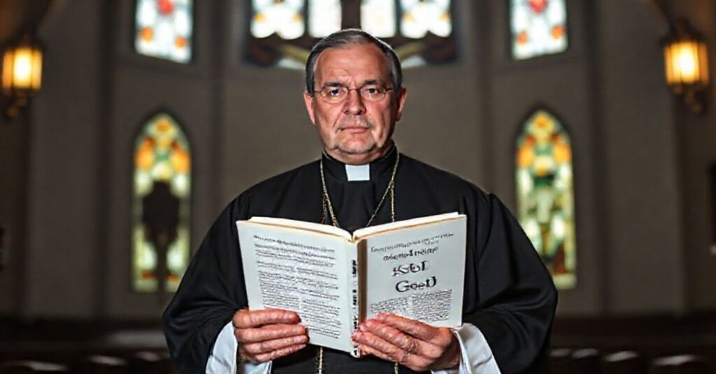 Ksiądz w tradycyjnych szatach liturgicznych trzyma książkę Jose Carlosa Gonzáleza-Hurtado w kościele. Tło przedstawia krzyż i witraże.