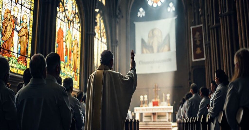 Wielki kościół katolicki z fałszywym biskupem w nowoczesnych szatach liturgicznych i przedstawicielami środowisk medycznych biorącymi udział w nielegalnej mszy.