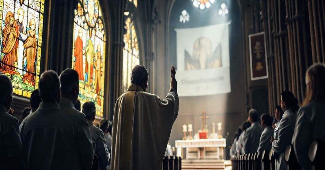 Wielki kościół katolicki z fałszywym biskupem w nowoczesnych szatach liturgicznych i przedstawicielami środowisk medycznych biorącymi udział w nielegalnej mszy.