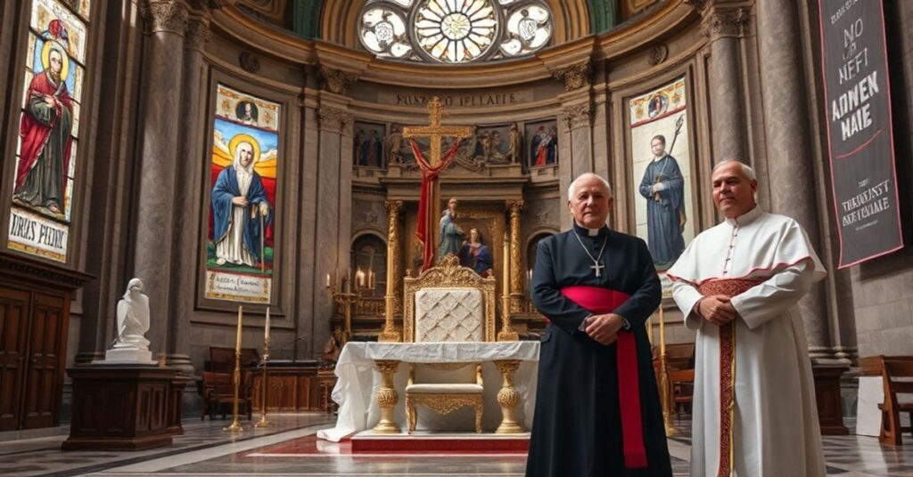 Wnętrze Bazyliki św. Pawła za Murami z widocznymi znakami modernizmu i braku prawdziwej sukcesji apostolskiej.