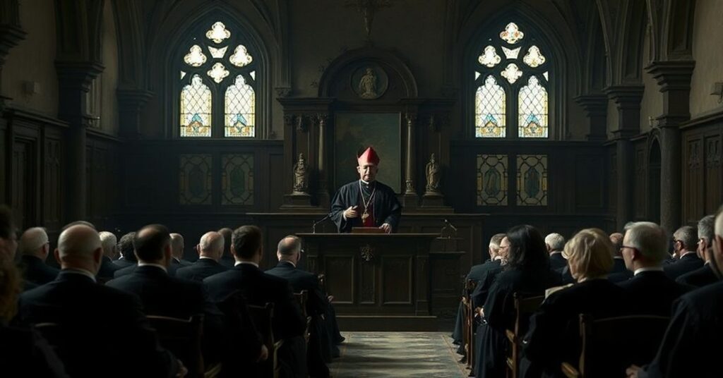 Tradycyjne katolickie wnętrze seminarium z modernistycznym uzurpatorem Andrzejem Przybylskim podczas przemówienia